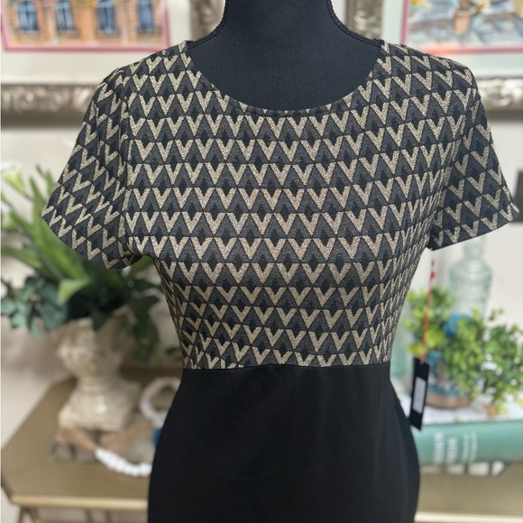 BAR 111 BLACK FITTED BODYCON GOLD METALLIC ART DECO SHORT SLEEVE DRESS SZ LARGE - Picture 5 of 9